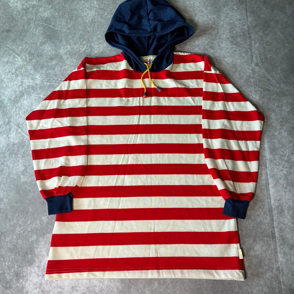 True Vintage Hang Ten Hooded Shirt Mens S Red White Stripe Long Sleeve USA Made